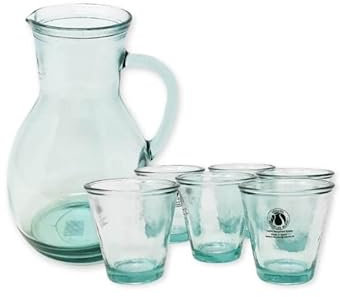 Verano Spanish Ceramics 100% Recycled Glass Creative Entertaining Classic Serving Pitcher & Drinking Glass Tumblers - Pitcher & Set of 6 Tumblers