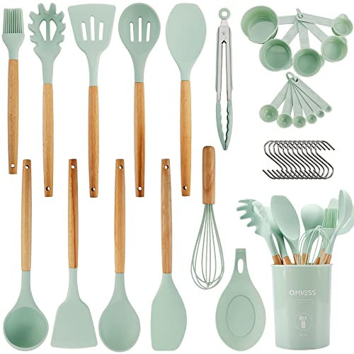 QMVESS - Juego de utensilios de cocina de silicona antiadherente, 35 piezas, con soporte, mango de madera resistente, espátula de silicona resistente al calor, juego de utensilios de cocina (verde