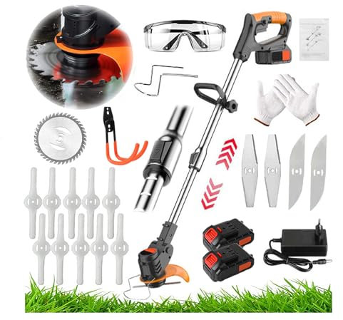 Taglia Erba Giardino a Batteria Tagliabordi Elettrico Decespugliatore Multifunzione con Lame Metalliche E 2*Batteria Leggero Testata Regolabile E Maniglia Telescopica per Prato Campo da Giardino