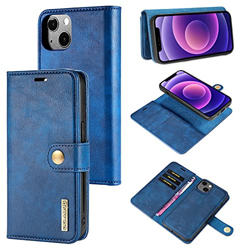 DG.MING for iPhone 13 Genuine Leather Wallet Case, Detachable 2 in 1 Split Leather Wallet Phone Cover,Magnetic Pouch Shell,Blue