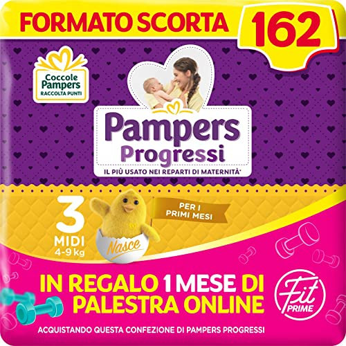 Pampers Progressi & Fit Prime Midi, Kurzformat, 162 Windeln, Größe 3 (4-9 kg), 1 Monat Online-Fitnessstudio als Geschenk