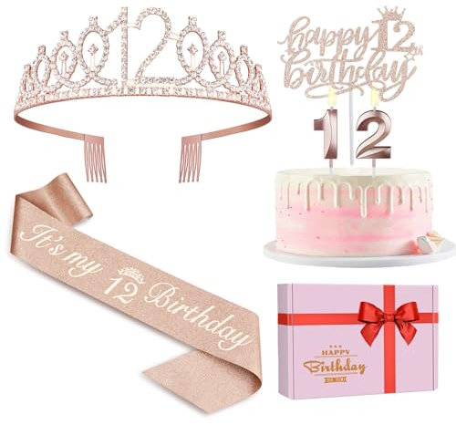 12. Geburtstag Dekorationen für Mädchen einschließlich 12. Geburtstag Schärpe, Krone/Tiara, Kerzen und Kuchenaufsätze, Roségold 12 Jahre alt Geburtstag Party Dekorationen für ein Mädchen