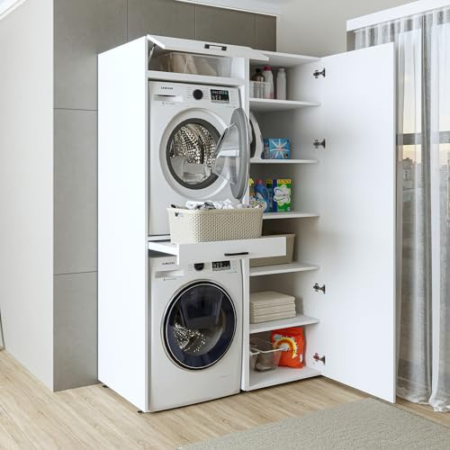 ROOMART, Schrankwand, Trockner auf Waschmaschine, 127 cm breit, Waschschrank, Waschmaschinenregal (5 Einlegeböden, Weiß)