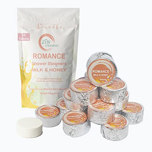 Zen Steamers Romance Milch- und Honigduschverdampfer – Extra große Aromatherapie-Duschbomben (15 Stück) mit ätherischen Ölen