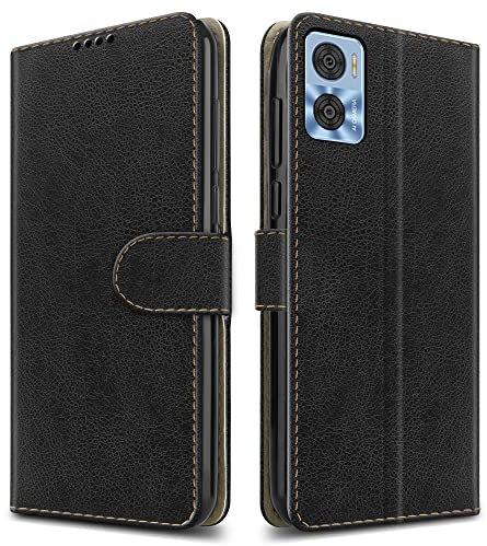 PIXFAB For Motorola E22 / E22i Leather Phone Case, Magnetic Closure Full Protection Book Folio Design, Wallet Case Cover [Card Slots] and [Kickstand] For Motorola Moto E22 / E22i - Black