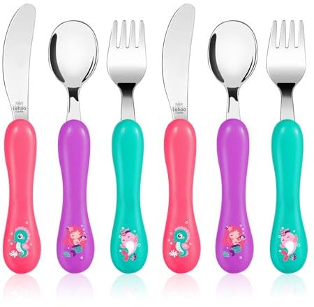 Lehoo Castle Couverts Enfant INOX 6 PCS, Ensemble de Couverts pour Bebe 2 x Fourchettes, 2 x Cuillères, 2 x Couteaux, Set Couvert Bebe pour Garçons Filles(Sous-marin)