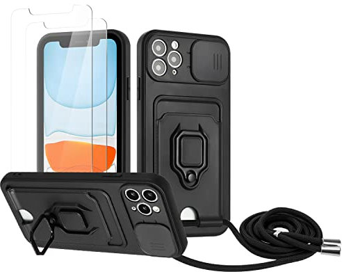 Zallagre Funda con Cuerda Compatible con iPhone 11 Pro,[2 Packs Cristal Templado],Ranura para Tarjetas,Cubierta de Cámara Deslizante Proteger,360 Anillo Soporte-Negro