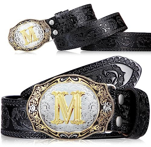 Jadive Herren Cowboy Gürtel Western Schnalle Gürtel Anfangsbuchstaben ABCDMRJ bis Z Rodeo Cowboy Ledergürtel mit Schnalle für Männer Frauen, 1,5 Zoll Breit (Buchstabe M)