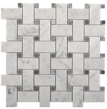 Adolif Carrara Weiße Marmor-Mosaikfliese, 2,5 x 5,1 cm, Korbgeflecht, Marmor-Mosaikfliese für Küche, Badezimmer, Wand, Boden, Spritzwasser, Dusche, 100 % natürlicher Marmor, poliert, 5 Blatt