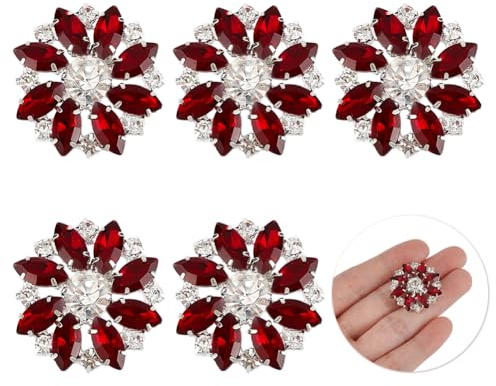 FINGERINSPIRE 6 Stück Blumen Strass Knöpfe Aus Messing 26 mm Rote Kristalle Zum Aufnähen Mit 1 Löchern Und Flacher Rückseite Modische Krallen Strass Schneeflocken Knöpfe Für Stoff DIY Handwerk
