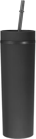 uxcell Vaso delgado con tapas y popotes, vaso delgado negro mate de 16 onzas a granel, vaso acrílico pastel reutilizable, vaso de plástico de doble pared para bebidas frías y calientes, café,