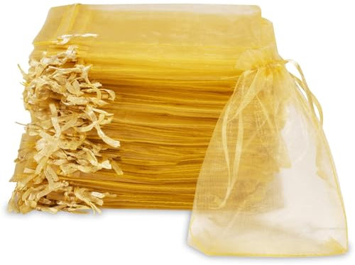 Carehabi Weihnacht Geschenktaschen Organzasäckchen Organzabeutel Geschenkbeutel Organza Schmuckbeutel Hochzeit Säckchen Lavendelsäckchen Hochzeitsbevorzugung 50 Stück 7x9cm Golden