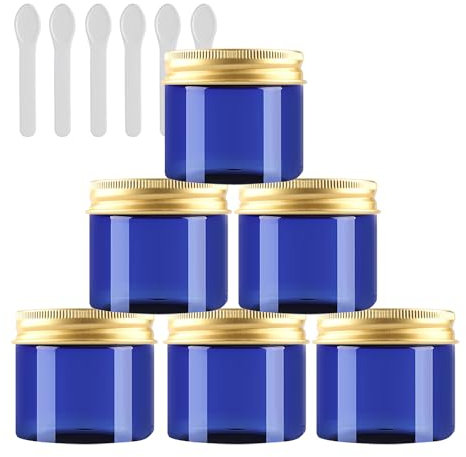 PQPAUTY 6 Pièces Vides Petit 50 ml Bleu Cosmétique Pot en Plastique avec Couvercle Or 50 g Pots de Cosmétique Crème de Bouteille Contenant avec 6x Spatules