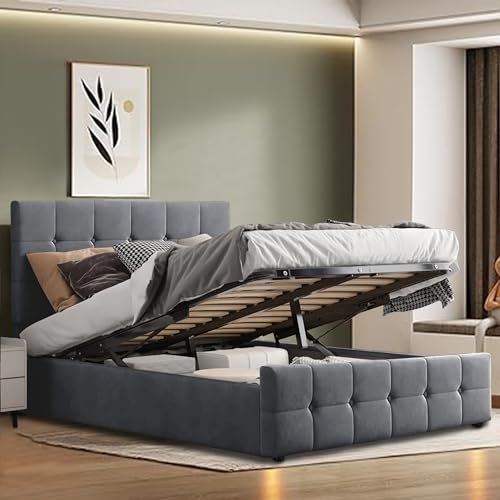 Blisswood Upholstered Ottoman Bed, 5ft King Bed Frame UKFR Velvet Dark Grey Ottoman Storage Bed With Gas Lift End Opening Wooden Slats With Storage Bed (5ft King, No Mattress)