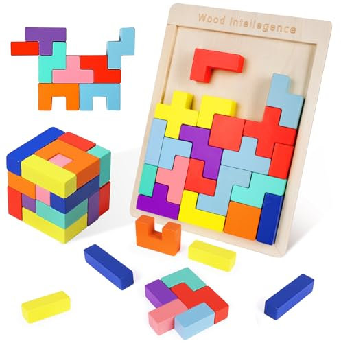 Ainiv Bunte Bausteine, 3D Bausteine Puzzle Spiel für Kinder, 30 Stück Tangram Holz Puzzle, Kreatives Montessori Tangram, Kreativ Lernspielzeug, Gehirntraining Spielzeug