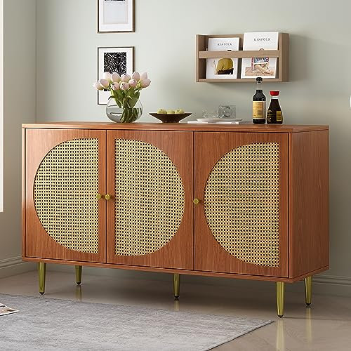 Soweiz Sideboard mit 3 Rattan verzierten Türen Kommode Highboard mit Metallgriffe, für Schlafzimmer Wohnräume Büro, Nussbaum 129.8x40x76cm (Walnuss)