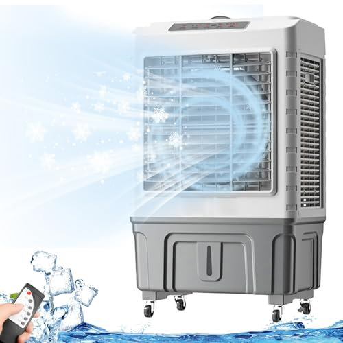 Climatiseur Mobile, avec Minuterie de 7,5 Heures, Télécommande, Oscillation À 120°, 4 Blocs de Glace, 3 Vitesses, Refroidisseur par Évaporation 3 en 1 pour Une Utilisation Intérieure et Extérieure(Siz