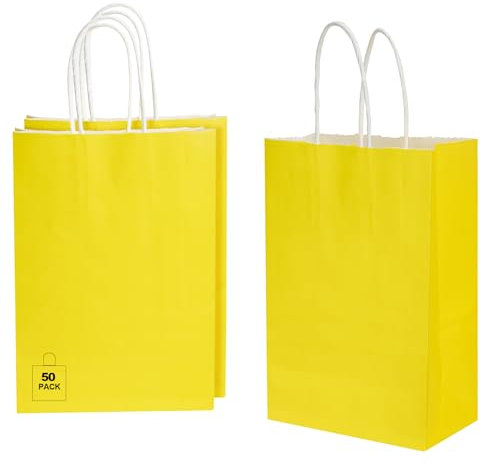 CHARMGIFTBOX 50 Stück 15 x 21 x 8 cm Gelb Papiertüten mit Henkel, Geschenktüten für Ostern, kleine süße Tüten für Kinder- und Erwachsenenpartys, Geburtstage, Hochzeiten, Babypartys