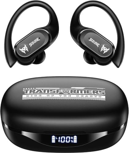 TRANSFORMERS Wireless Earbuds Bluetooth 5.4 Headphones 65Hrs Playback Sport Wireless Earphones with Earhooks, HiFi Stereo Deep Bass with ENC Mic, Dual LED Display, Ear Bud for Running/Workout Black