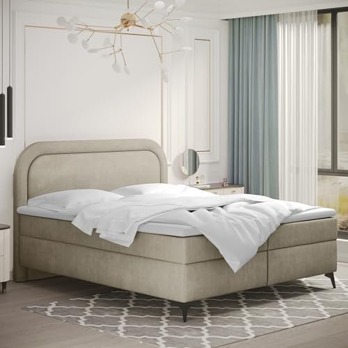Kaiser Möbel Valentino Boxspringbett mit bettkasten 200 x 200 cm matratze Topper Doppelbett Bettgestell Stilvoll Schlafzimmer Rahmenbettgestell Noel Stoff Hellbeige