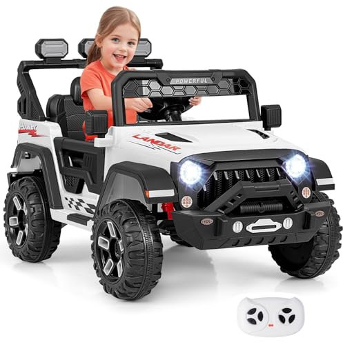 GOPLUS Voiture Electrique Enfants 2 Places 12V avec Télécommande, Lecteur Musique, Lumières LED, Quad 4x4 Electrique Enfants Démarrage Progressif, 3 Vitesses, pour Enfant 3+ Ans,Charge 30KG(Blanc)