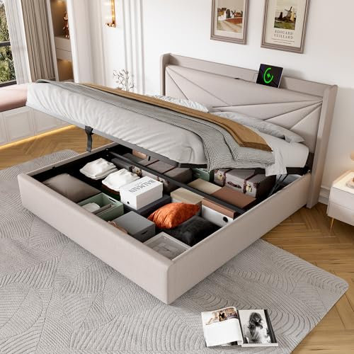 Merax Polsterbett Doppelbett Stauraum Bettkasten mit USB Typ C Ladefunktion Kopfteil,Stauraumbetten Bettgestell aus Leinenmaterial Jugendbett 140x200 mit lattenrost(Ohne Matratze)/Beige