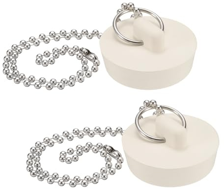 uxcell 2Pcs Drain Stoppers, Rubber Bathtub Stopper Sink Plugs Caps with Hanging Ring and 15 Bead Chains for Bathtub Kitchen Bathroom (White - 1.56 to 1.63)