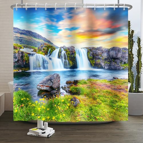 Xiaoterna Frühling Duschvorhang Grüner See Sommer Wasserfall Bad Vorhang Natur Szenerie Berg Sonnenuntergang Wasserfall Gras Blumen Duschvorhang Maschinenwaschbar Wasserdichter Stoff 105x160cm