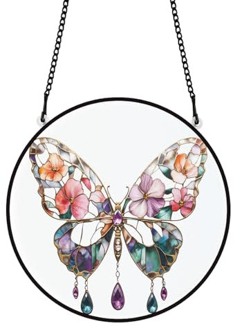 PLIGREAT Schmetterling Sonnenfänger Buntglas Aquarell Sonne Cathers Weihnachten Terrasse Garten Hängende Baum Ornamente für Wohnzimmer Schlafzimmer Spielzimmer Fenster Dekoration Wandkunst Dekor