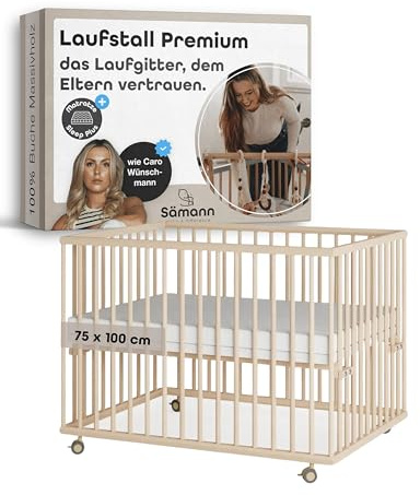 Sämann Baby Laufstall aus Holz I Natur 75x100 cm I Inkl. Matratze SleepPlus I Höhenverstellbares Babybett aus Buchenholz I Laufgitter mit gummierten Rollen I TÜV geprüft