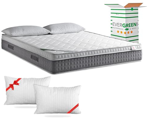 EVERGREENWEB Matelas 180x190 avec Surmatelas intégré en Mousse à Mémoire de Forme 7 Zones Ergonomique 25 cm de hauteur + Oreillers GRATUIT Housse Blanc Rembourré à Effet Massant Tissu Hypoallergénique