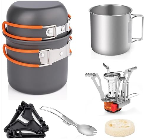 8 teiliges Camping Kochgeschirr Set, Camping Topf aus Aluminium, Leichtes Topf Pfannen Set Campinggeschirr 2 Personen, Camping Geschirr für Wandern Angeln Picknick (Gelb)