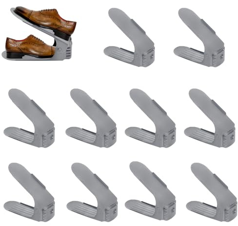 Froadp 10 Stück Einstellbare Schuhregale rutschfest Schuhhalter 3 Höhenverstellbar PP Doppelschicht Schuhstapler Set Platzsparend Schuhaufbewahrung(Grau)