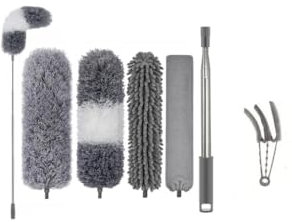 BTBHIHO Spolverino telescopico 7 in 1, lavabile, allungabile fino a 280 cm, in microfibra, con testa rotonda flessibile, per soffitti alti, colore grigio