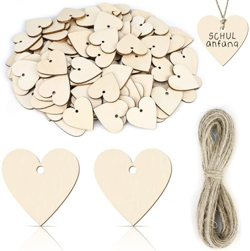 NISENTIA Holzherzen zum Beschriften, 100 Stück Holzherzen Deko, 3cm Holz Herzen mit 10m Jute Schnur Holzanhänger, Hölzerne Deko Streudeko Set für Hochzeit, Party, Jubiläum, Geschenkanhänger, Basteln
