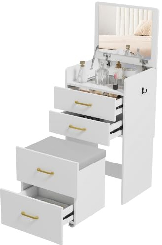 HOMCOM Coiffeuse avec Miroir et Tabouret 3 en 1 48 x 40 x 90 cm Blanc | Table de Maquillage, Plateau en Verre Visible, 3 Tiroirs, Coussin Rembourré, Roulettes, Bureau Coiffeuse