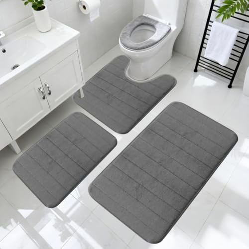 YNNHUDEEP 3-teiliges Badezimmerteppich-Set mit Memory-Schaum – rutschfeste, waschbare Badematten für Bad, Dusche und Toilette – Luxuriöser Komfort und modernes Design (Dunkelgrau)