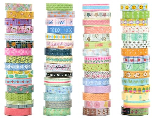 Songdao 60 Rollen Dünnes Washi Tape Set, beschreibbares Dekoratives Masking Tape Bastelklebeband für Bullet Journal, Scrapbooking, Geschenkverpackung & DIY Basteln