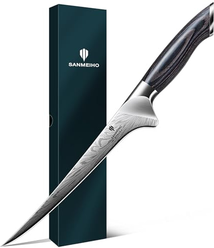 SANMEIHO Cuchillo de Filete 18cm de Acero en Polvo, Deshuesador de Pescados