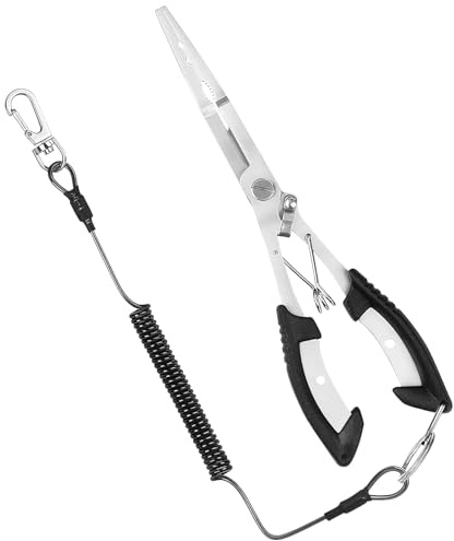 Wcawnlt Pince de pêche en acier inoxydable Multifonctionnelle avec Lanière de Sécurité, Zange pour Angler Hakenlöser et Sprengringzange, Accessoire de Peche pour Mer et Eau Douce