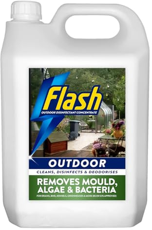 FLASH Outdoor Disinfectant and Cleaner, 5 Litres, Removes Mould, Dirt, Bacteria, for Drains, Bins, Kennels, Greenhouses, Paths and Patios