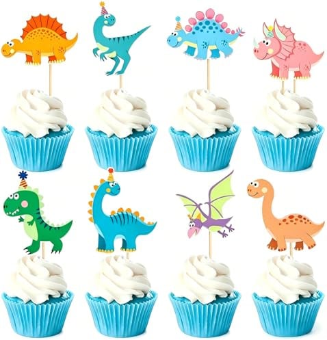 32 Stk Dinosaurier Cupcake Topper, Dino Kuchen Dekoration mit Dekospieße, Dino Geburtstagstorte Deko, Party Dekoration für Kindergeburtstag und Baby Shower