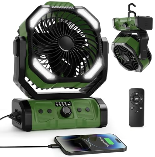 ELZO Ventilatore da campeggio da 20000 mAh con luce LED, ventilatore portatile ricaricabile da scrivania/tenda/USB con telecomando e gancio, rotazione della testa di 270°, velocità continua, con