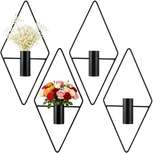 Epicover 4 Pack Metal Wall Planters, Black Geometric Wall Plant Holders for Faux Eucalyptus and Flowers, Modern Boho Wall Decor Hanging Vases for Living Room, Bedroom, Office, Indoor Covered Outdoor