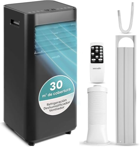 SereneLife Aire Acondicionado Portátil 9000 BTU (2,64 kW), Climatizador 3 en 1 con Frío, Ventilador y Deshumidificador, Compacto con Mando a Distancia y Kit de Ventana