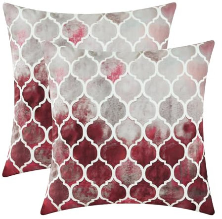 CaliTime Kissenbezüge Kissenhülle Packung mit 2 Cosy Kissenbezügen für Couch Bett Sofa manuell handbemalt bunt geometrischer Gitterkettendruck 45cm x 45cm Hauptgrau Rot Burgund