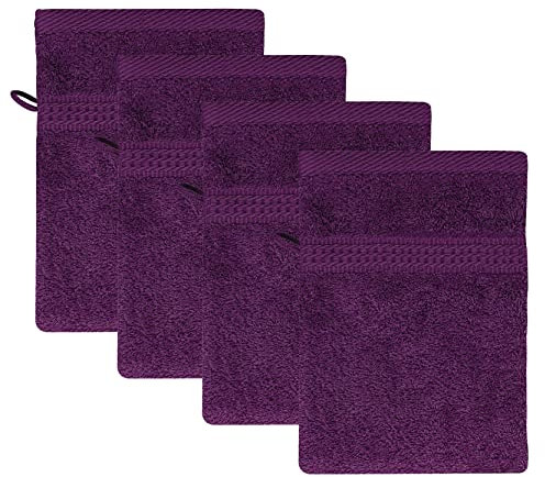Class Home Collection Frottee Waschhandschuhe 16x21 cm – 4er Set Waschhandschuh – Besonders weiche & saugfähige Waschlappen aus 100% Baumwolle mit Aufhänger – Aubergine