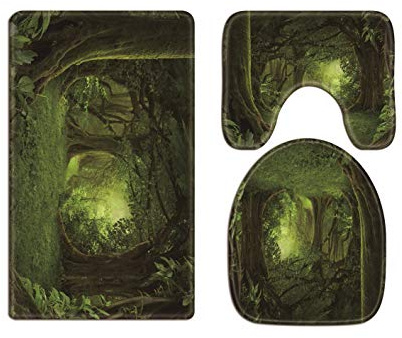 A.Monamour Badezimmer Badematte 3 Teilig Set Tiefe Tropische Grüne Dschungelwaldbäume Naturlandschafts-Landschaftsfotografiebild Flanell Saugfähig Badteppiche Badvorleger Badgarnitur WC Vorleger
