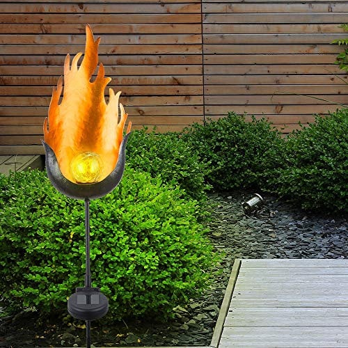 etc-shop LED Solar Design Feuer-Effekt Lampe Leuchte Steck Stand Boden Erdspieß Beleuchtung Glas Bronzefarbe Garten Höhe 93,5 cm