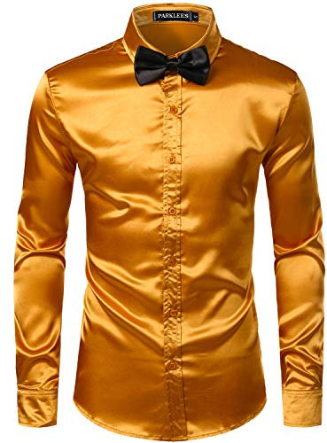 PARKLEES Men's Luxury Shiny Silk Like Satin Long Sleeve Dress Shirts for Party Disco Prom PZLCL14 Gold M